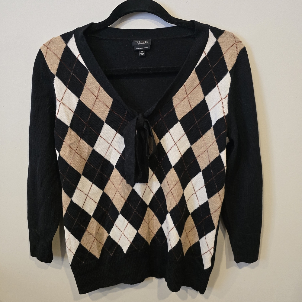 Talbots V-Neck Argyle Sweater - Black, White, Tan